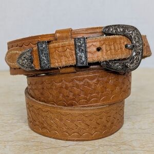 Vintage Bianchi Brown Rugged Leather Western Tooled Belt Silver Accents Women 38